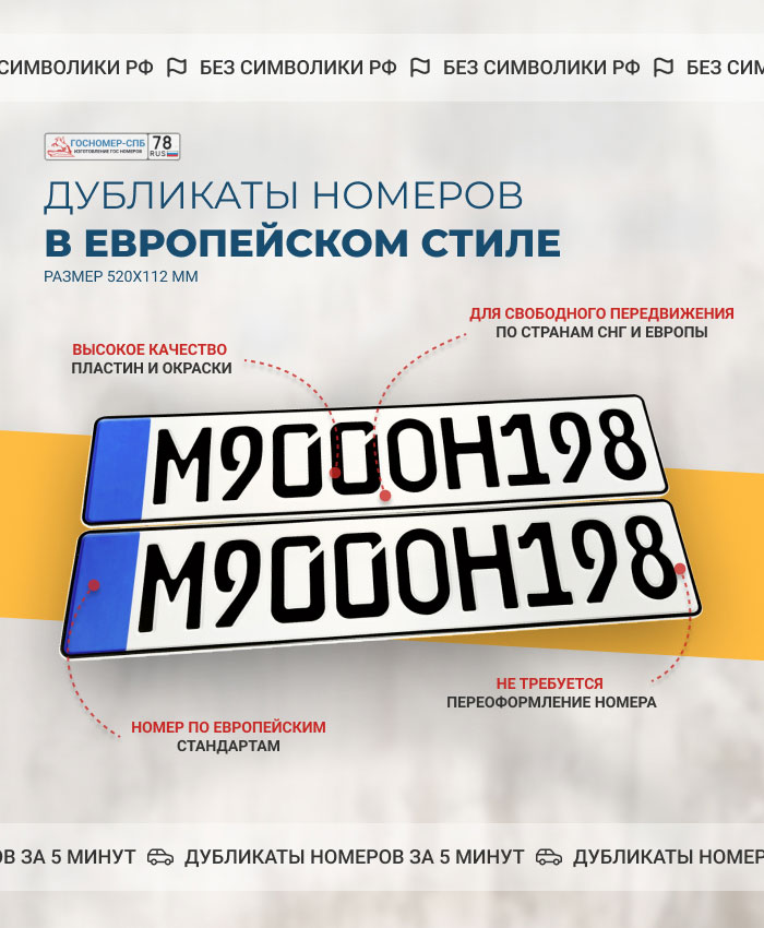 Российские номерные знаки в Европейском стиле с синей полоской